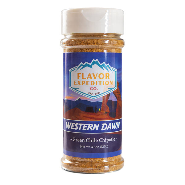 Green Chile Chipotle Seasoning by Western Dawn in a clear spice jar, showcasing southwestern flavors and aroma.