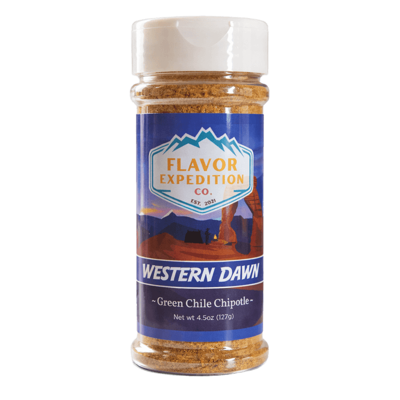 Green Chile Chipotle Seasoning by Western Dawn in a clear spice jar, showcasing southwestern flavors and aroma.
