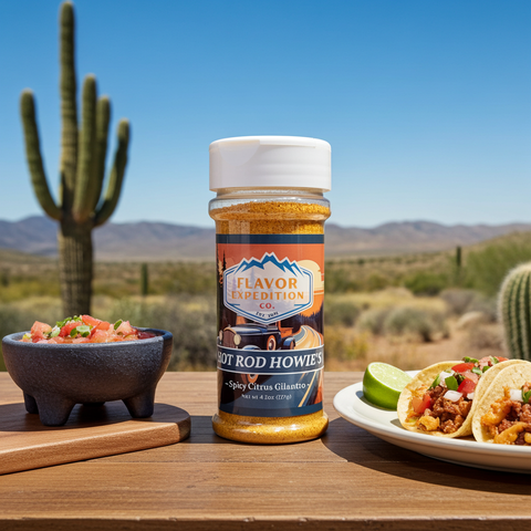Flavor Expedition's Hot Rod Howie's spicy citrus cilantro seasoning with tacos and salsa in a desert setting.