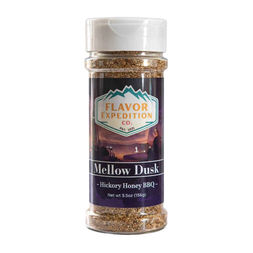 Hickory Honey BBQ Seasoning by Flavor Expedition Co., Mellow Dusk flavor in a 5.5oz jar.