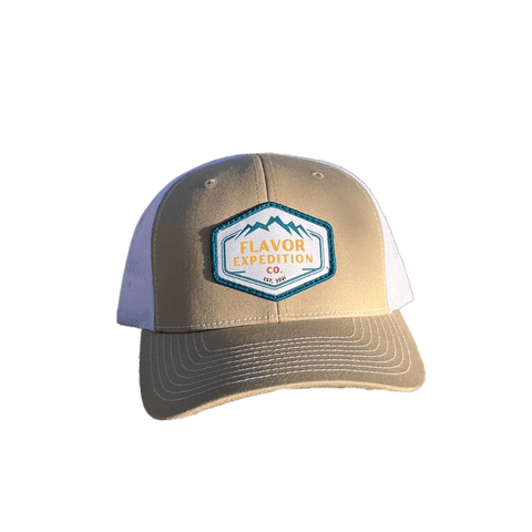 Flavor Expedition Co Patch Hat - Khaki / White, adjustable hat for flavor enthusiasts and adventure lovers.