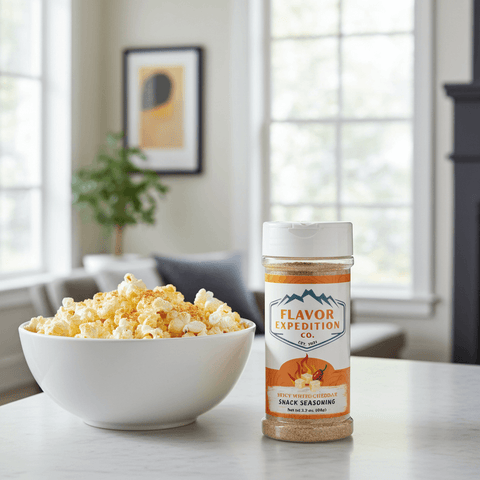 Bowl of popcorn next to a jar of Flavor Expedition Co. seasoning on a table with a homey background.
