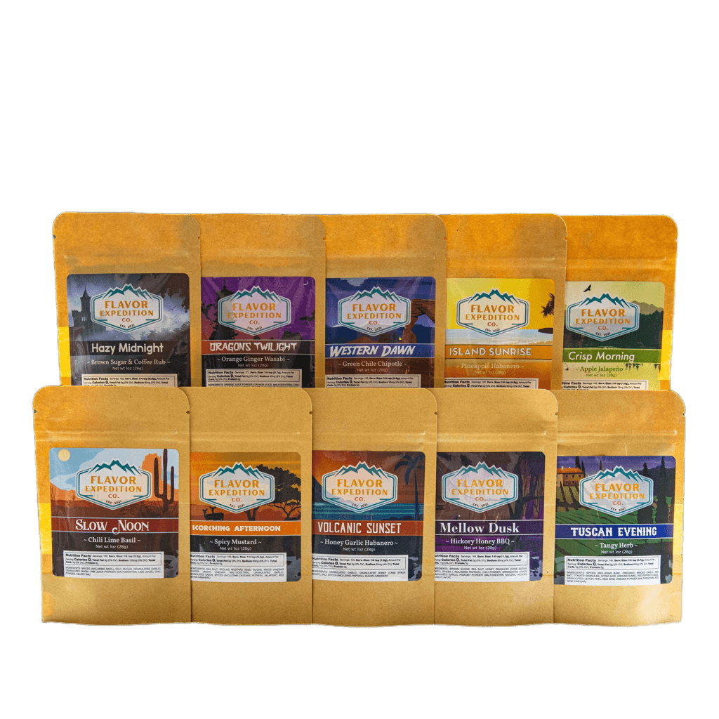 Spice Flight Seasoning Sampler Pack featuring ten diverse flavor blends in vibrant packets.