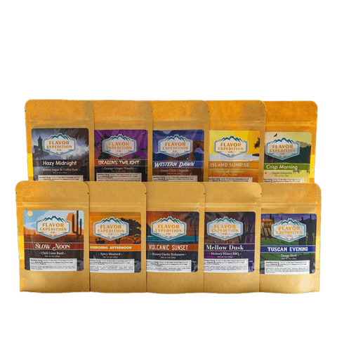 Spice Flight Seasoning Sampler Pack featuring ten diverse flavor blends in vibrant packets.