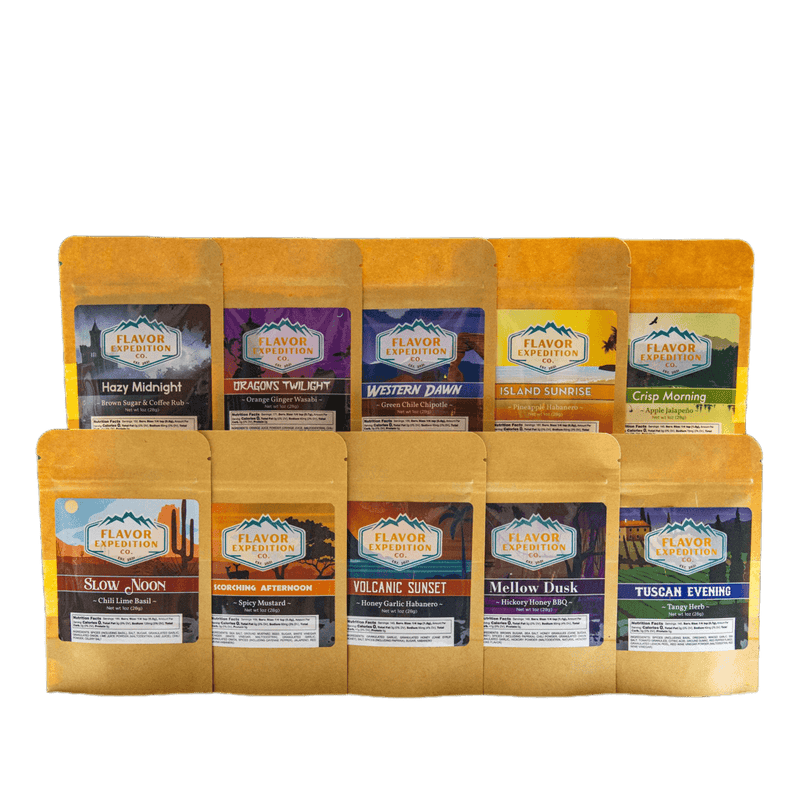 Spice Flight Seasoning Sampler Pack featuring ten diverse flavor blends in vibrant packets.