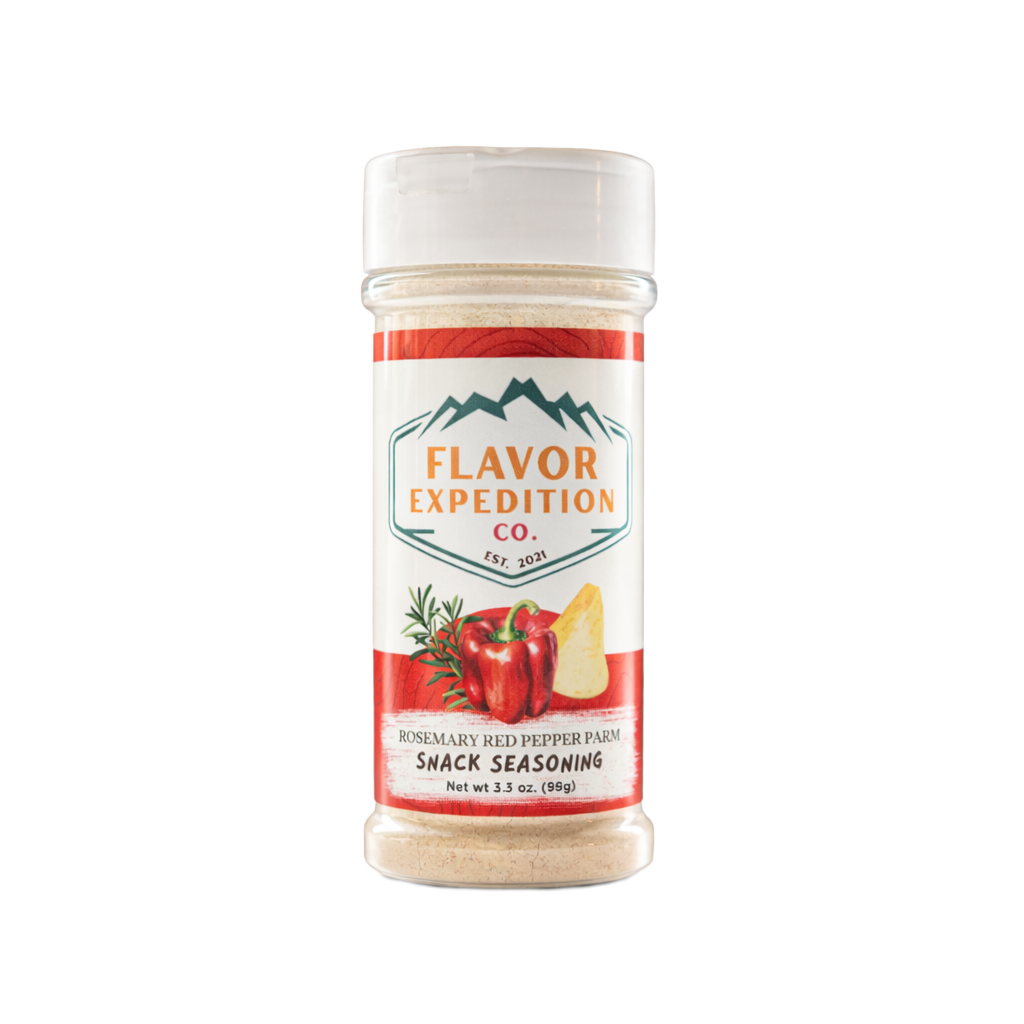 Bottle of Flavor Expedition Co. snack seasoning on a white background