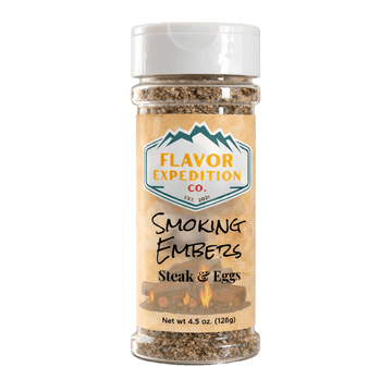 Spice jar labeled 'Smoking Embers Steak & Eggs' by Flavor Expedition Co. on a white background