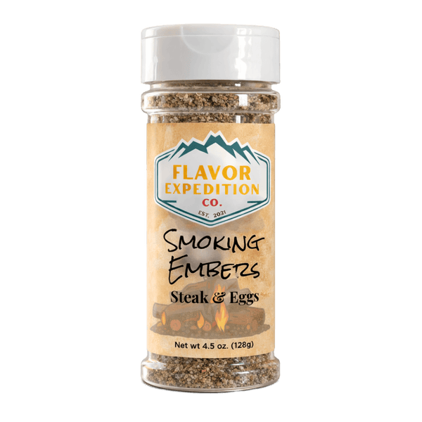 Spice jar labeled 'Smoking Embers Steak & Eggs' by Flavor Expedition Co. on a white background