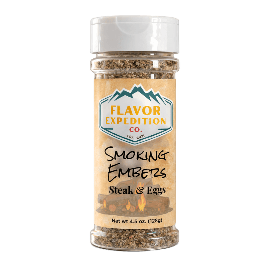 Spice jar labeled 'Smoking Embers Steak & Eggs' by Flavor Expedition Co. on a white background