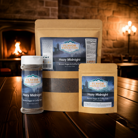 Hazy Midnight Brown Sugar & Coffee Rub products on a table with a fireplace in the background.
