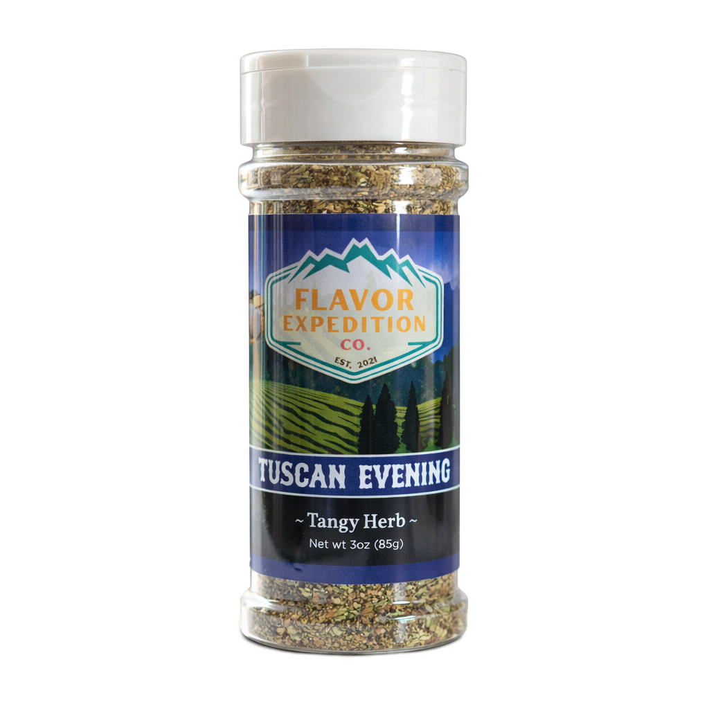 Tangy Herb Seasoning - Tuscan Evening in a clear spice jar by Flavor Expedition.