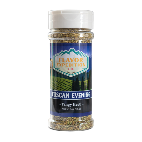 Tangy Herb Seasoning - Tuscan Evening in a clear spice jar by Flavor Expedition.