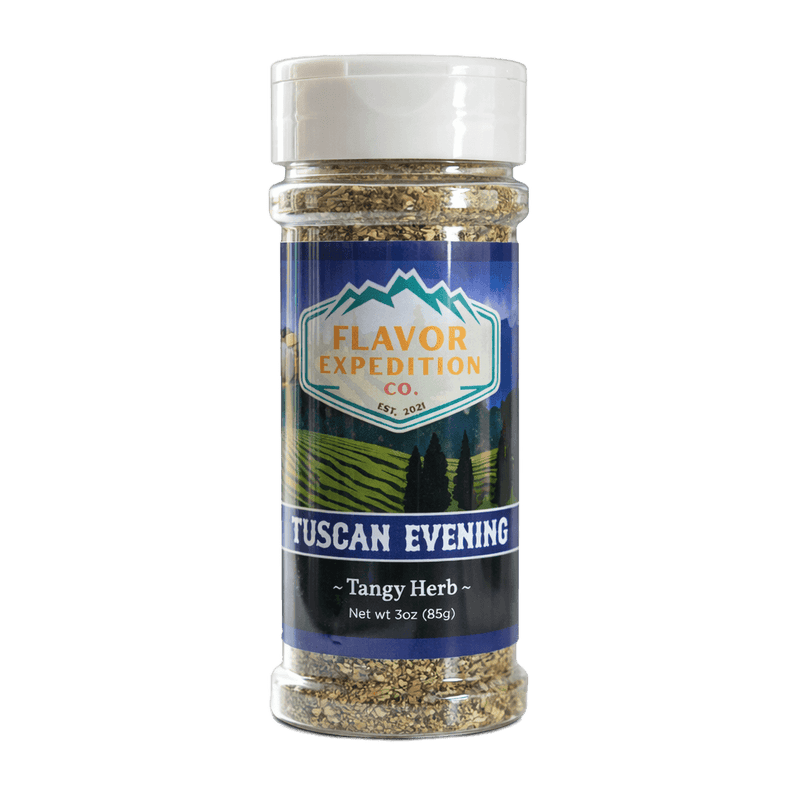 Tangy Herb Seasoning - Tuscan Evening in a clear spice jar by Flavor Expedition.