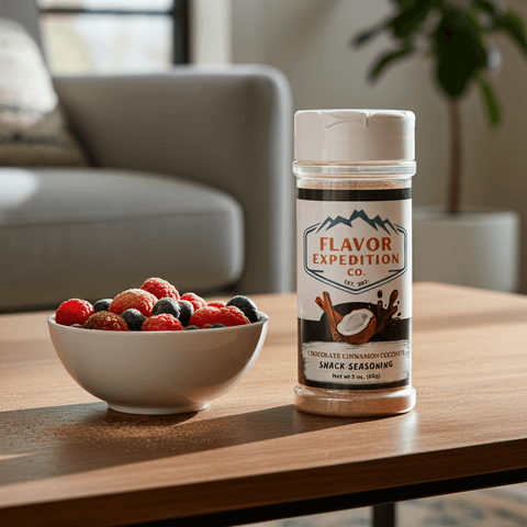 Bottle of Flavor Expedition Co. seasoning on a table with a bowl of berries.