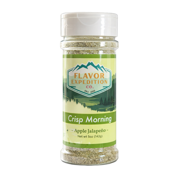 Apple Jalapeno Seasoning by Flavor Expedition, Crisp Morning in a 5oz container with a scenic design.