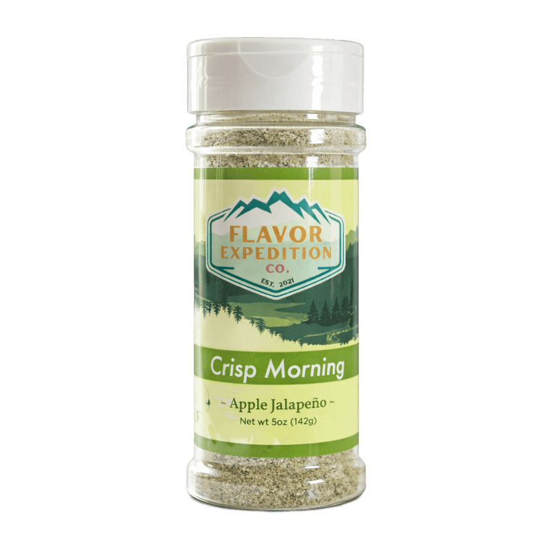 Apple Jalapeno Seasoning by Flavor Expedition, Crisp Morning in a 5oz container with a scenic design.