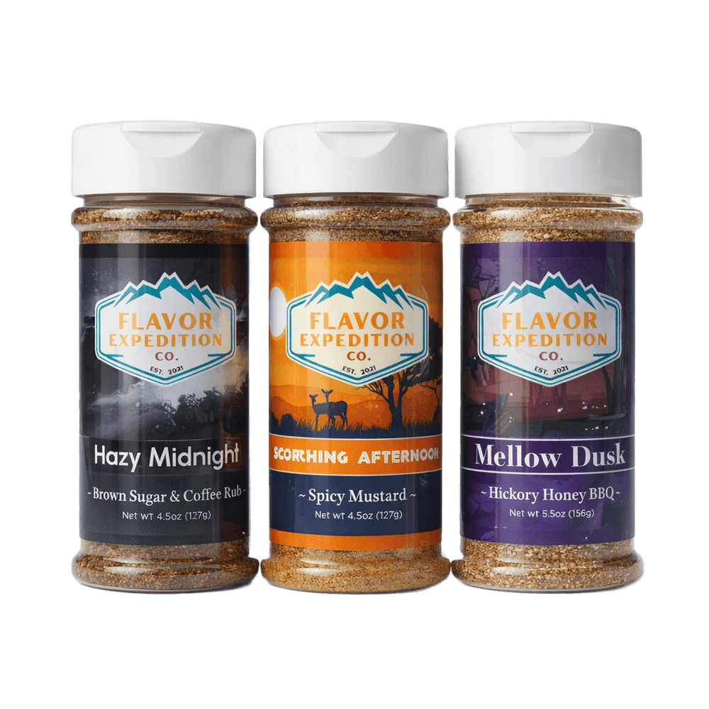 BBQ Essentials seasoning pack featuring Hazy Midnight, Scorching Afternoon, and Mellow Dusk spices in jars.