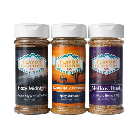 BBQ Essentials seasoning pack featuring Hazy Midnight, Scorching Afternoon, and Mellow Dusk spices in jars.