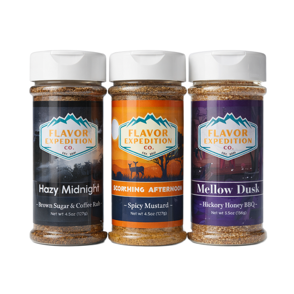 BBQ Essentials seasoning pack featuring Hazy Midnight, Scorching Afternoon, and Mellow Dusk spices in jars.