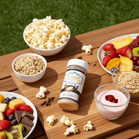 Snack platter with popcorn, fruit, and yogurt on a wooden board outdoors.