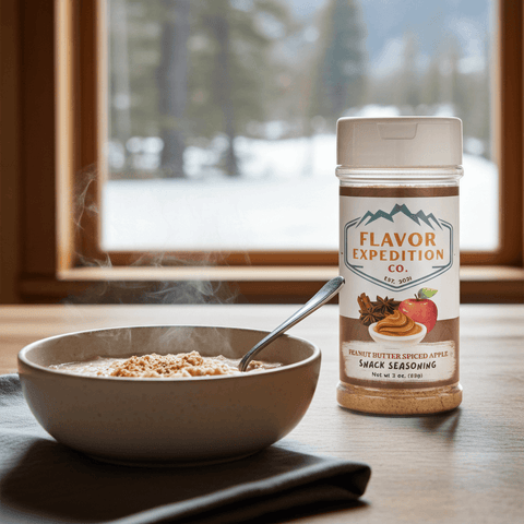 Bowl of food with a jar of 'Flavor Expedition Co.' seasoning on a table with a window view.