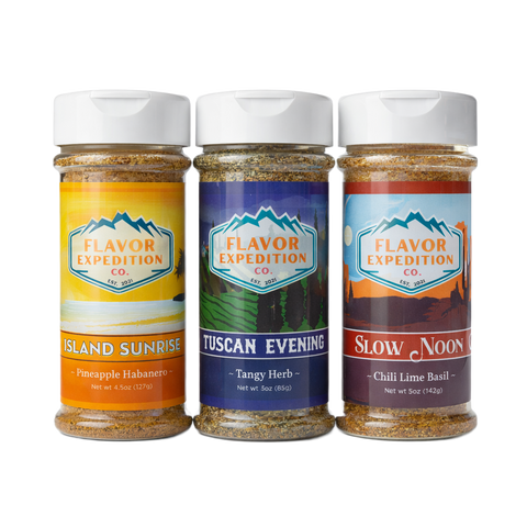 Catch of the Day seasoning pack featuring Island Sunrise, Tuscan Evening, and Slow Noon spices in jars.
