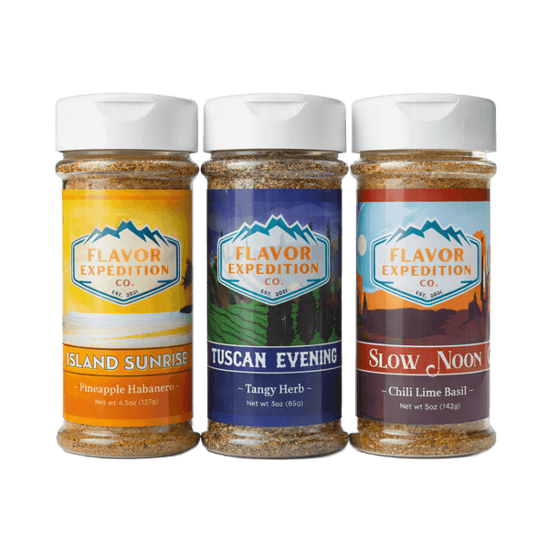 Catch of the Day seasoning pack featuring Island Sunrise, Tuscan Evening, and Slow Noon spices in jars.