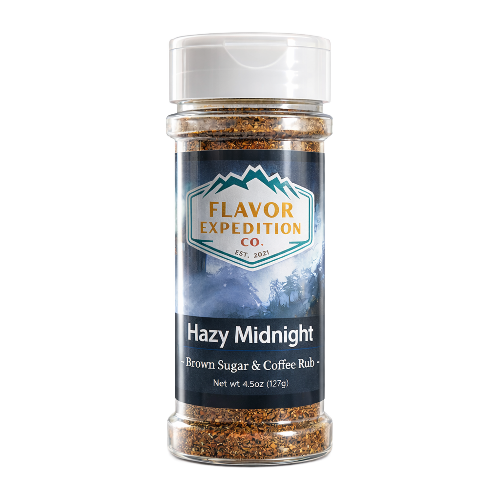 Brown Sugar & Coffee Rub by Flavor Expedition Co. in a 4.5oz jar labeled Hazy Midnight.