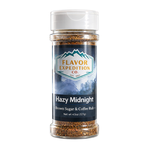 Brown Sugar & Coffee Rub by Flavor Expedition Co. in a 4.5oz jar labeled Hazy Midnight.