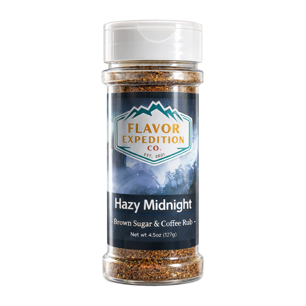 Brown Sugar & Coffee Rub by Flavor Expedition Co. in a 4.5oz jar labeled Hazy Midnight.