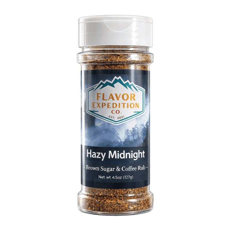 Brown Sugar & Coffee Rub by Flavor Expedition Co. in a 4.5oz jar labeled Hazy Midnight.